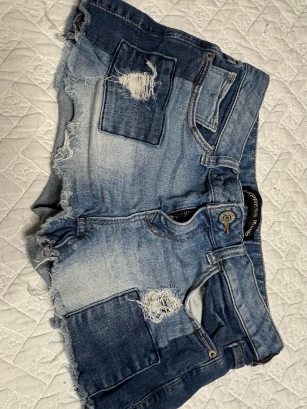 Express Distressed Light Blue Patch Denim Shorts - Women